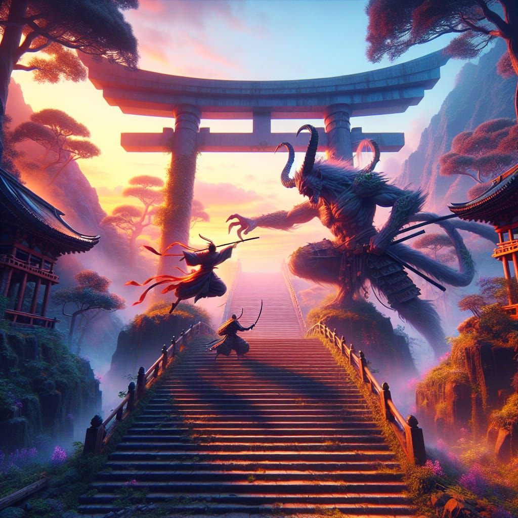 Samurai Battles Demon at Dusk: Fantasy Concept Art