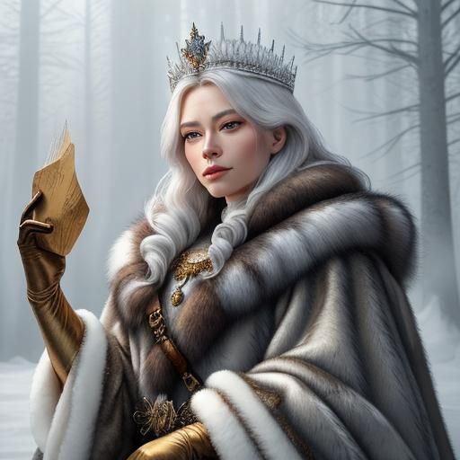 Regal Russian Queen in Snowy Forest: Photorealistic Oil Pain...