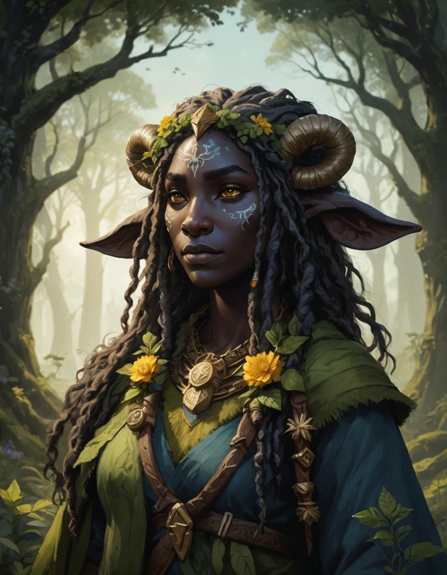 Striking Portrait of a Dark-Skinned Firbolg Druid