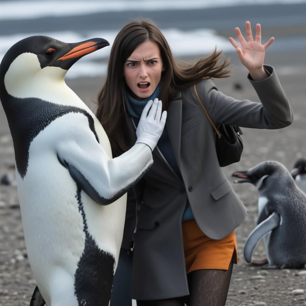 Brunette Confronted by Penguin in Antarctica