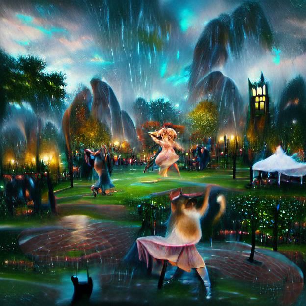 Anime Catgirl Dances in Rainy Park Night