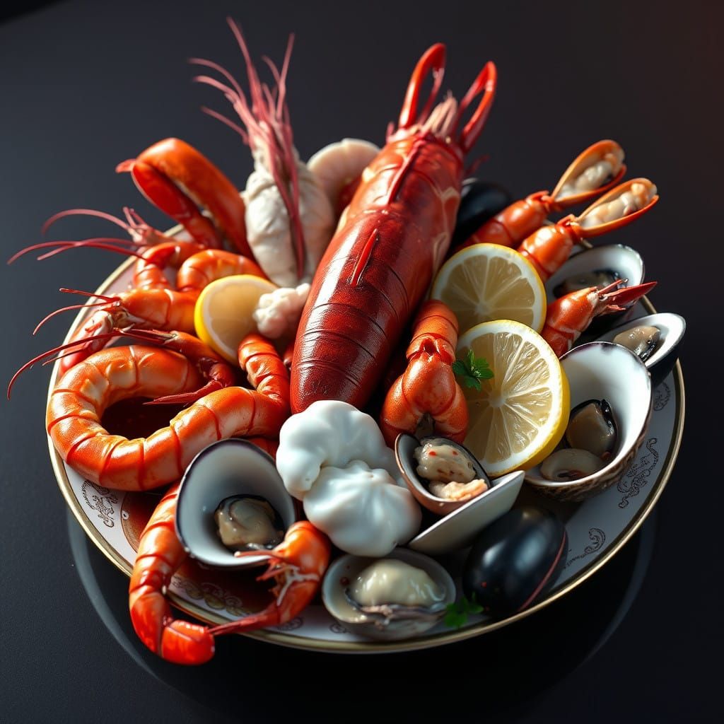 Succulent Seafood Platter in Wine Sauce, Rendered in Hyper-R...