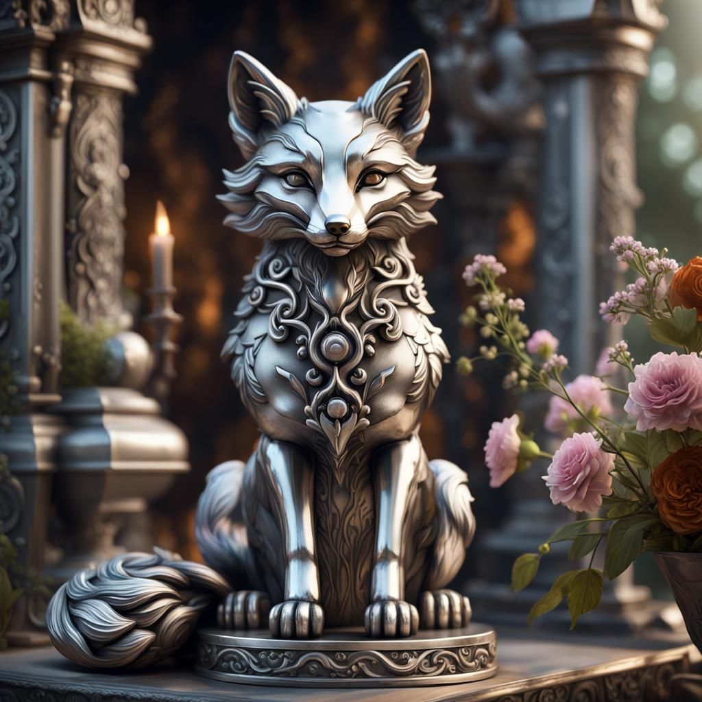 Metallic Fox Statue Still Life in Detailed Matte Painting