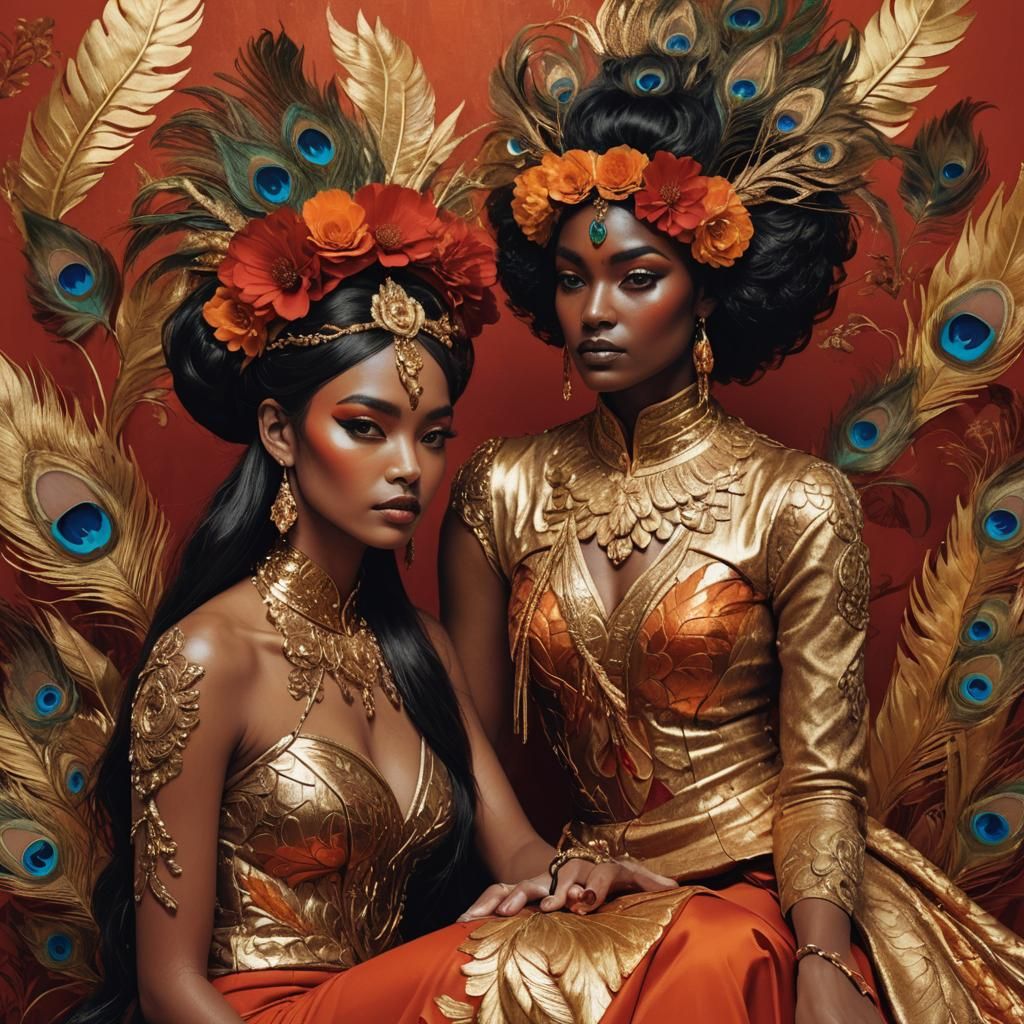 Fantasy Women with Peacock Feathers, Detailed Art