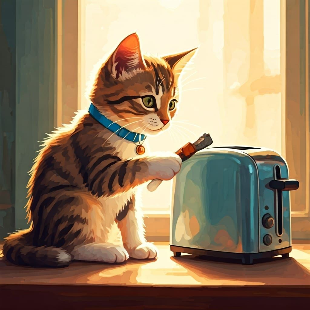 Kitten and Toaster in Watercolour Style