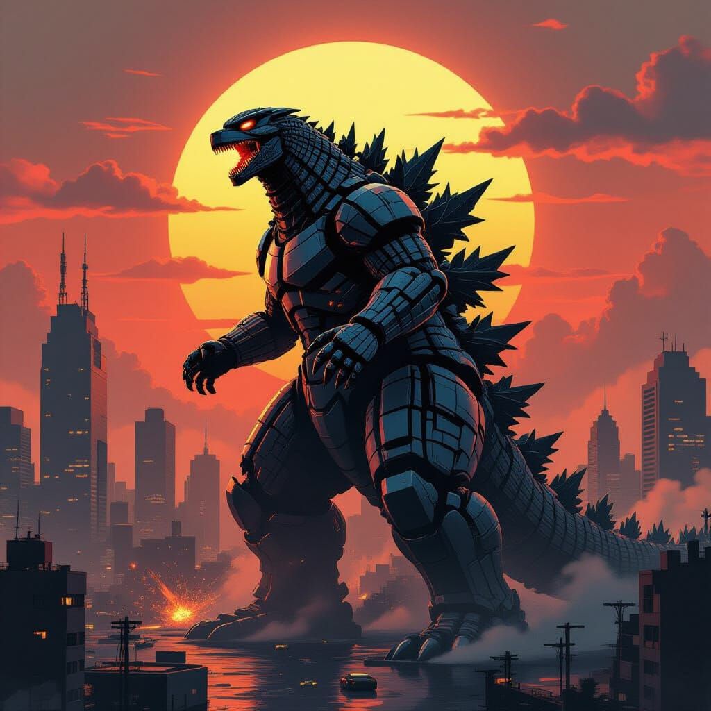 Mechagodzilla Destroys City in Cyberpunk Style