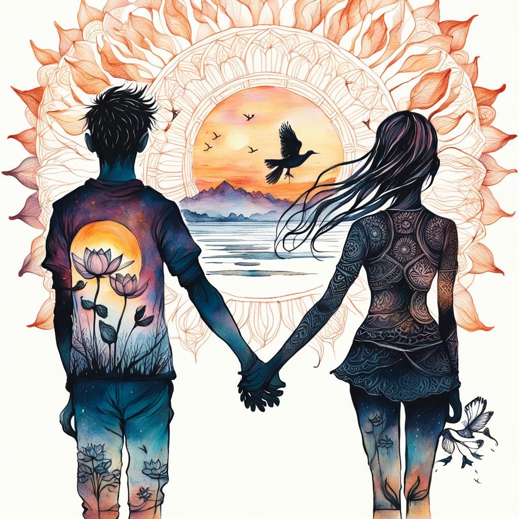 Boy and Girl with Lotus in Zentangle Style