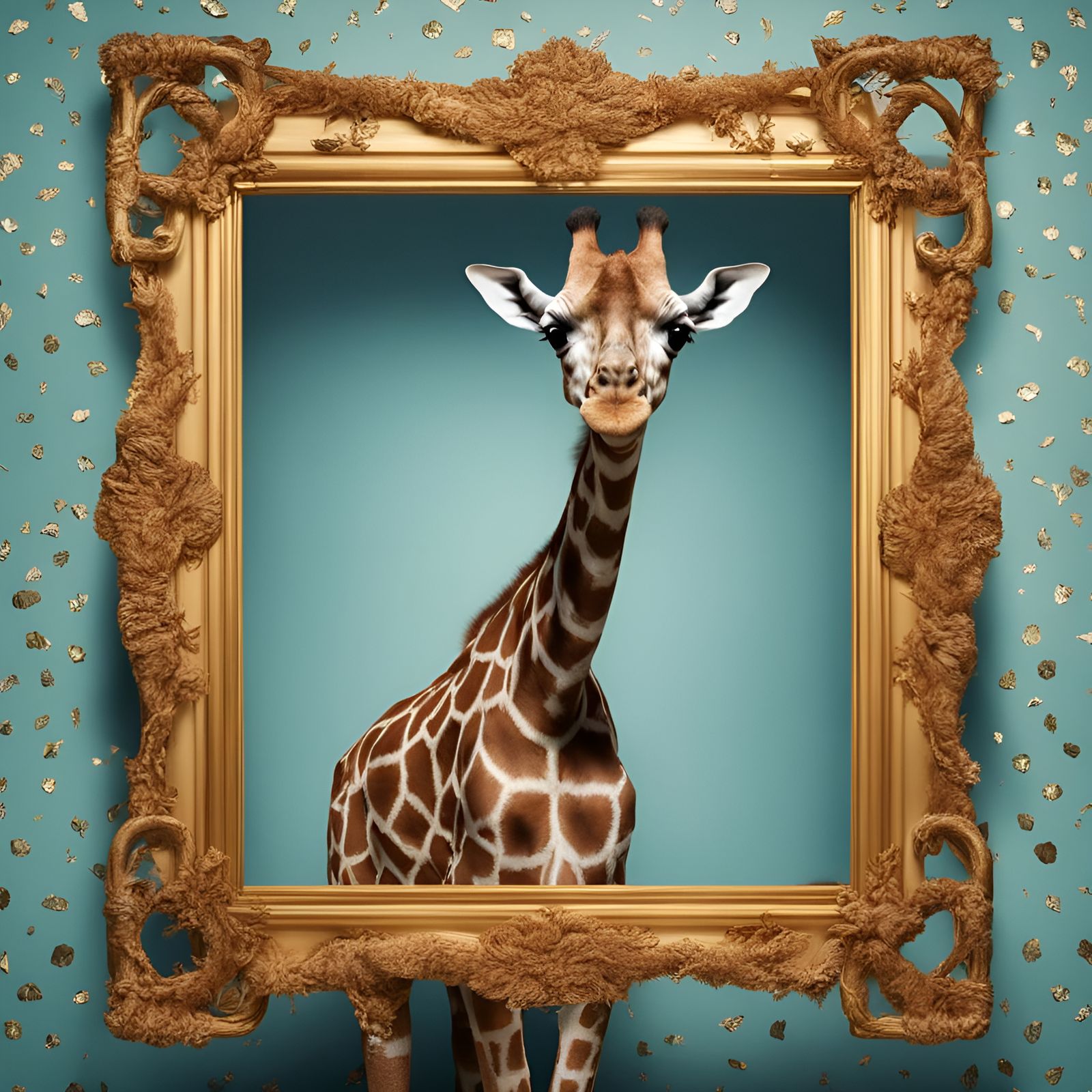 Giraffe Posing Behind Golden Picture Frame