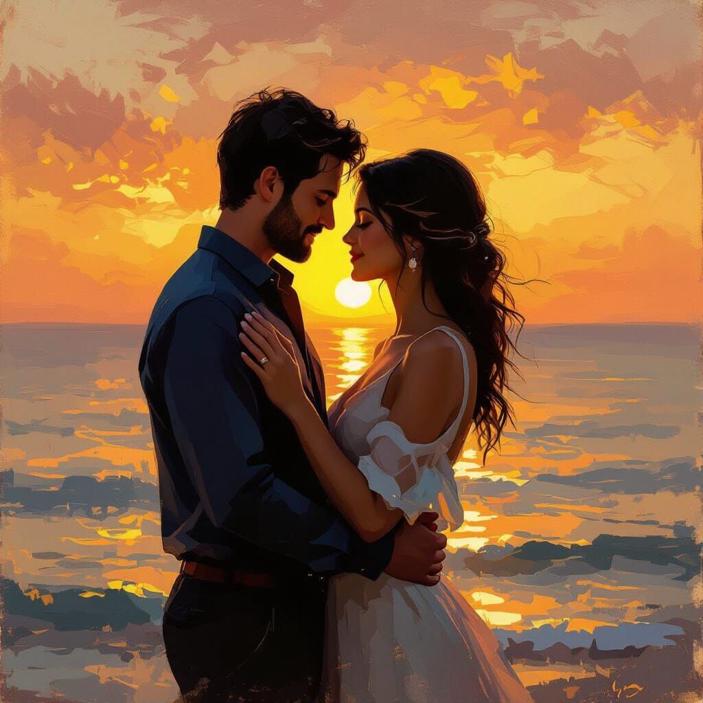Couple Silhouetted Against Sunset Over Ocean in Oil Painting...
