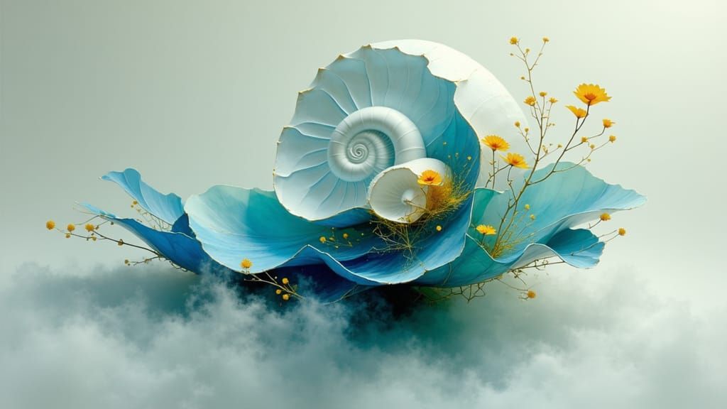 Golden Porcelain Nautilus Shell in Ethereal Mist