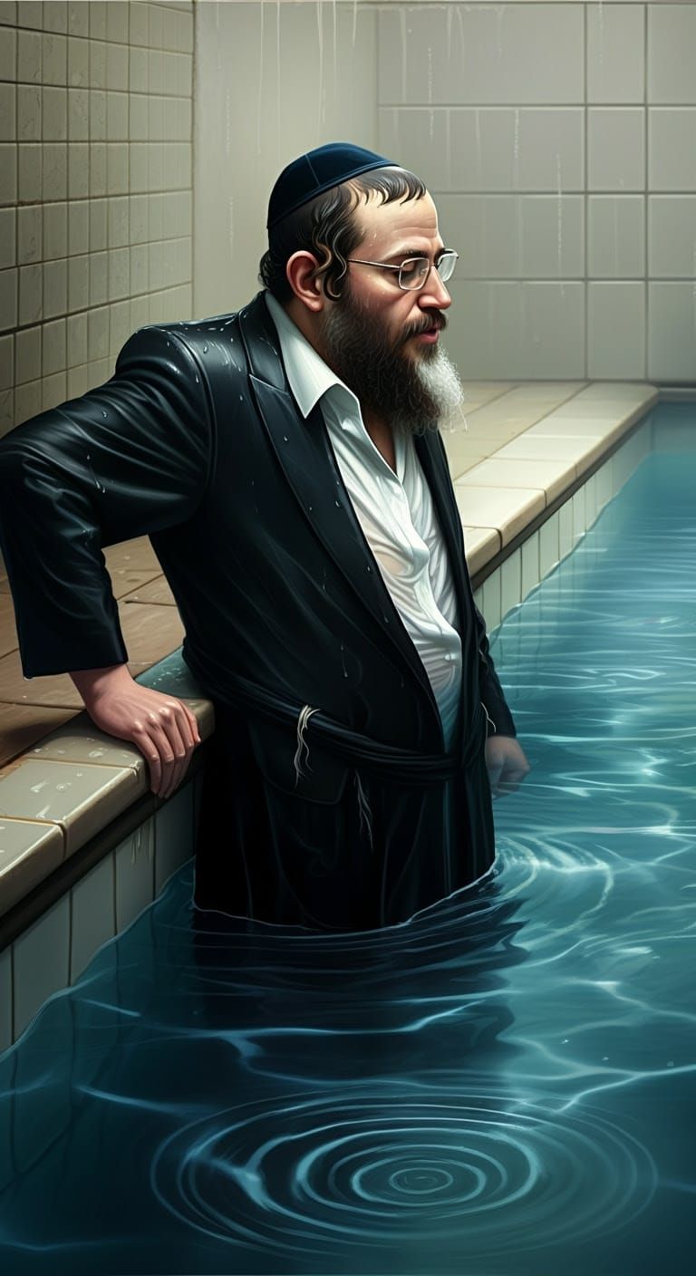 Hasidic Man Immersed in Mikvah, Digital Comic Illustration