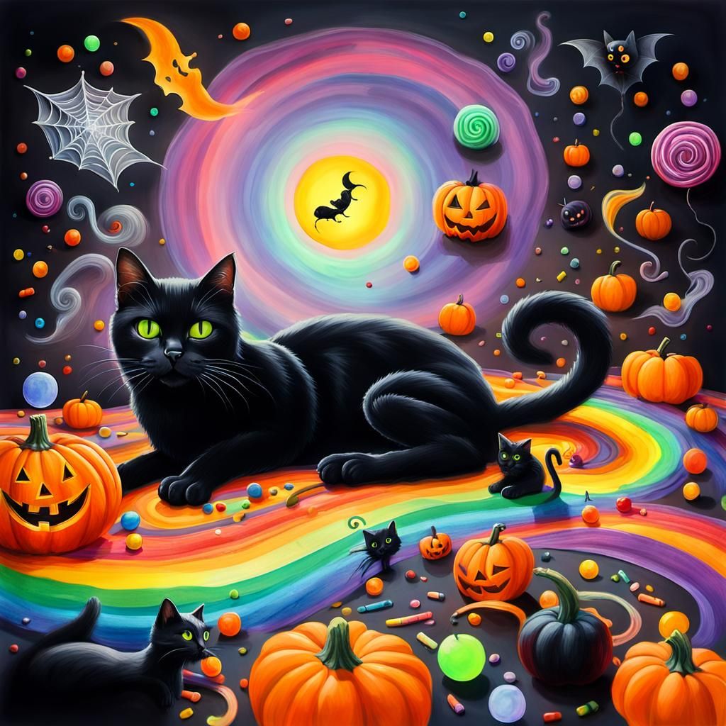 Surreal Halloween Cat Rayograph in Childlike Style