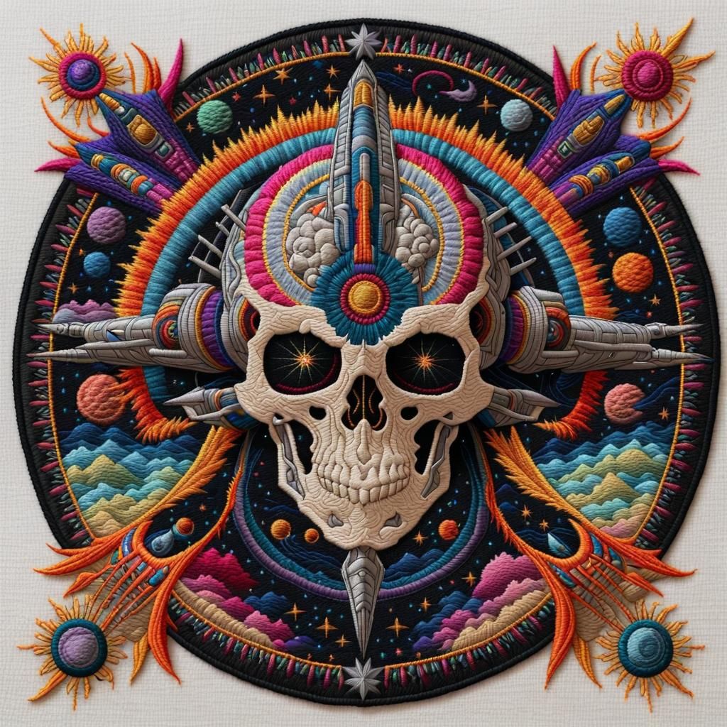 Embroidered Spaceship with Skull Prow in Kaleidoscopic Color...