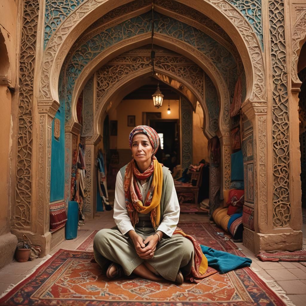 Moroccan Carpet Seller in Folk-Art Style
