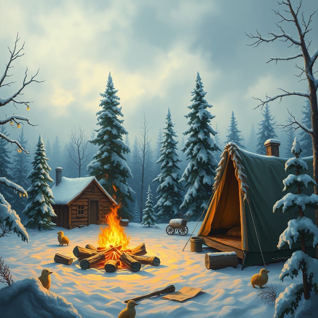 Vintage Winter Campsite Scene with Snowy Icicles and Cozy Bo...