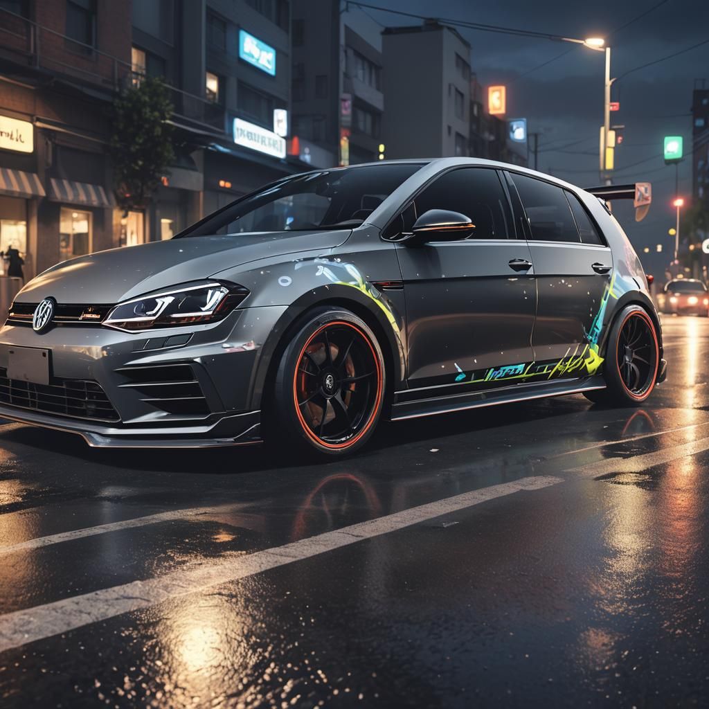 Neon VW Golf 7R Widebody in Anime Style