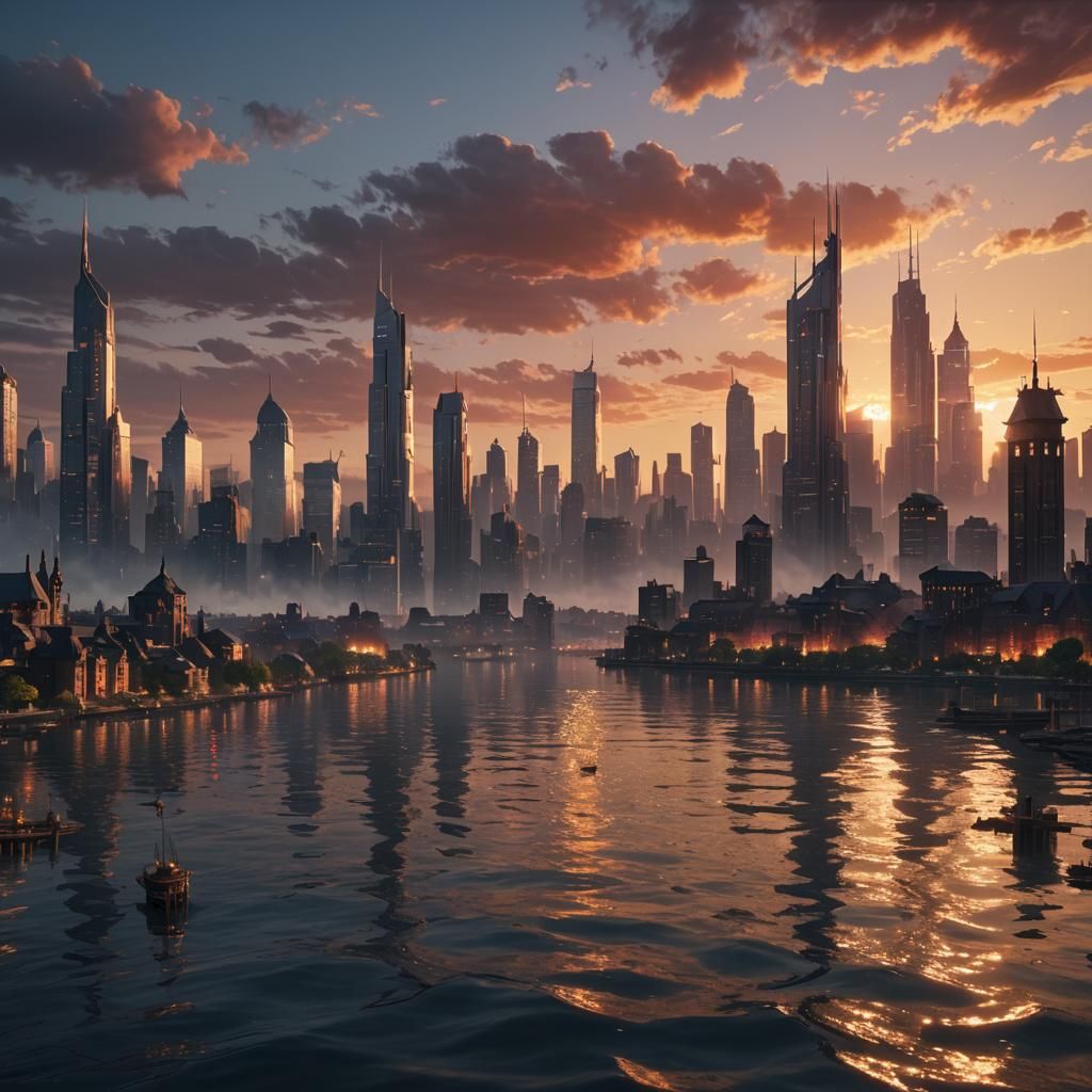Sunset Cityscape: Detailed Fantasy Matte Painting