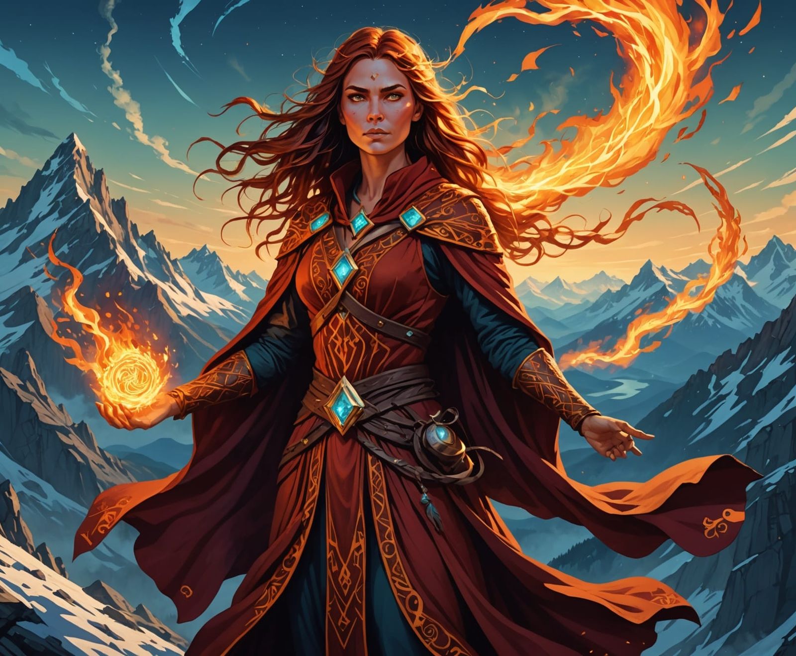 Female Fire Sorcerer Unleashes Spell on Windswept Peak