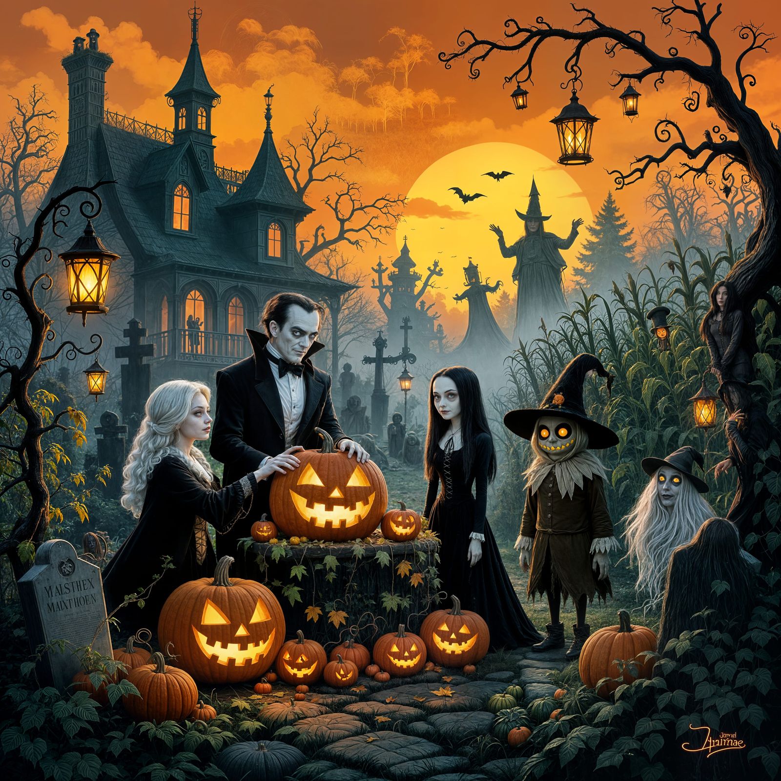 Addams Family Harvest Festival Gothic Pumpkin Carving Scene