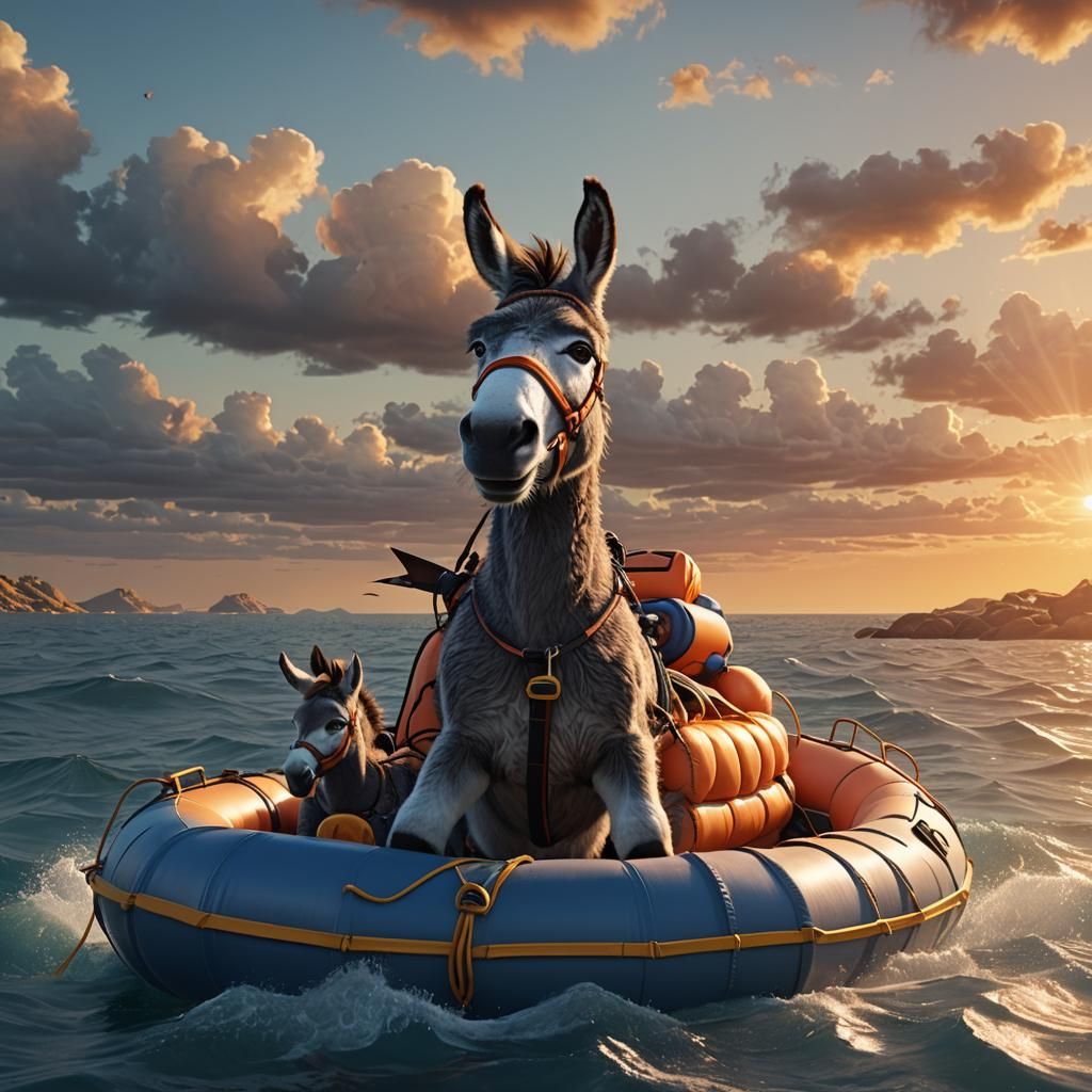 Donkeys in a Lifeboat at Sunset: Fantasy Concept Art