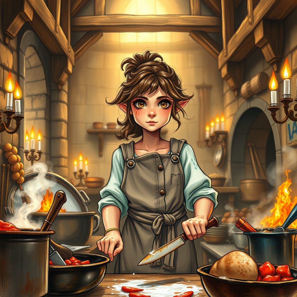 Whimsical Halfling Chef in Medieval Kitchen