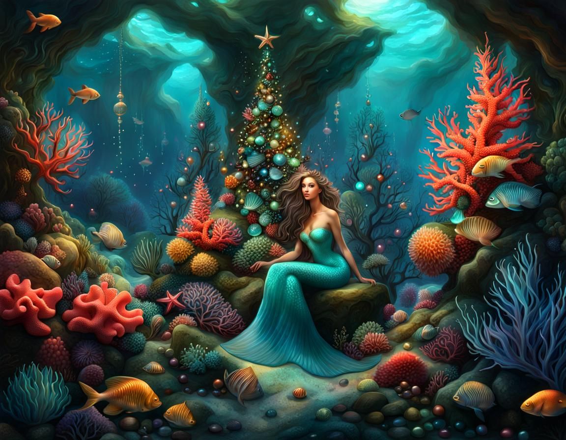 Mermaid Decorates Coral Christmas Tree Underwater