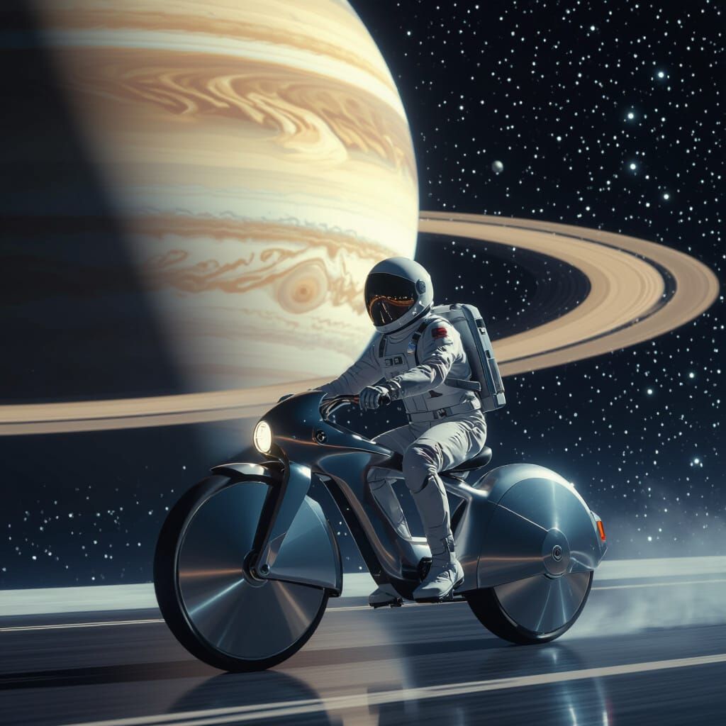 Astronaut on Bicycle Pedaling Towards Saturn