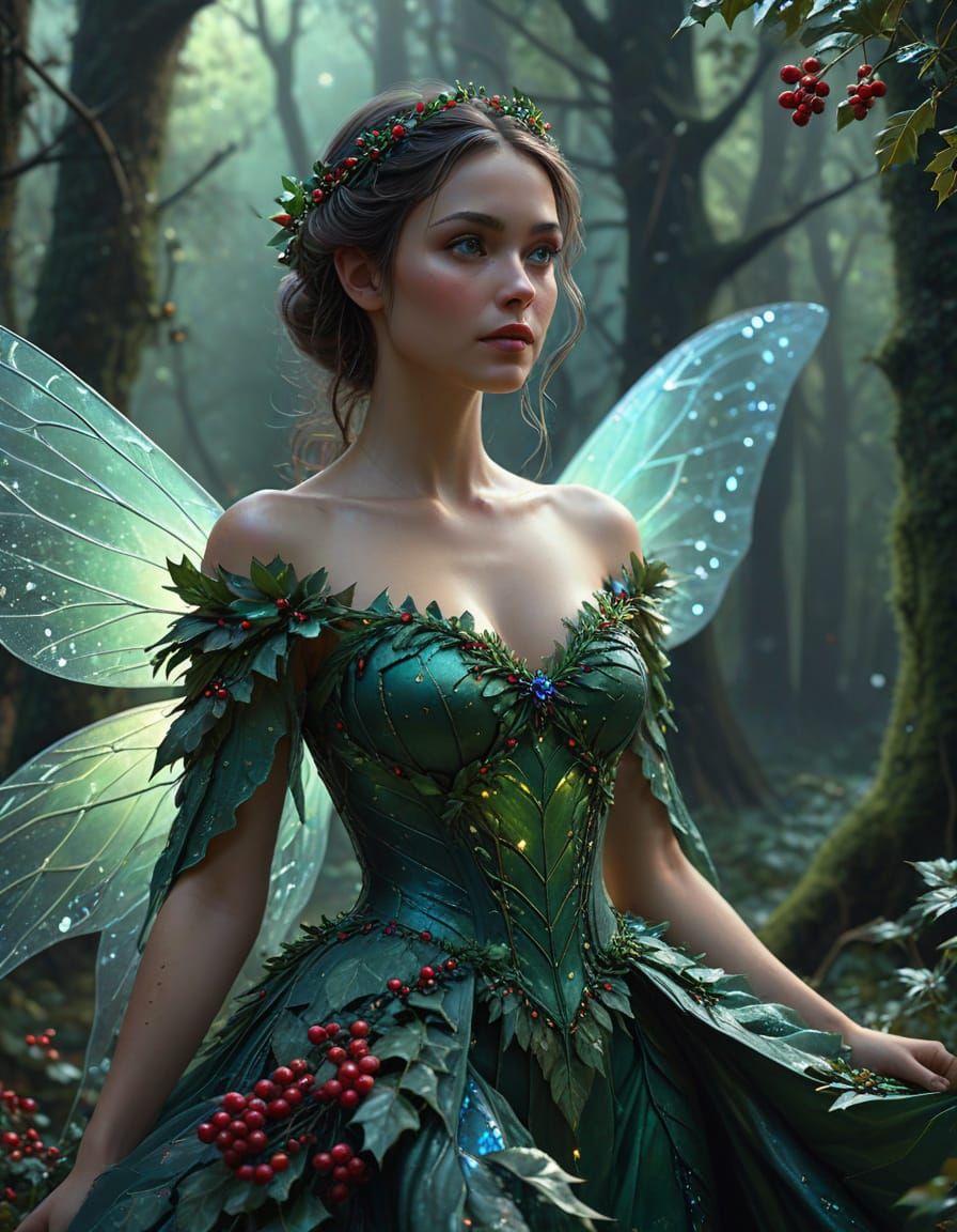 Holly Fairy in Winter Forest Digital Matte Painting