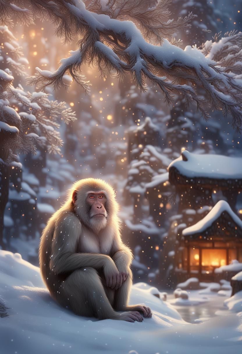 Japanese Macaque Soaks in Steamy Hot Springs Amid Snowy Tree...