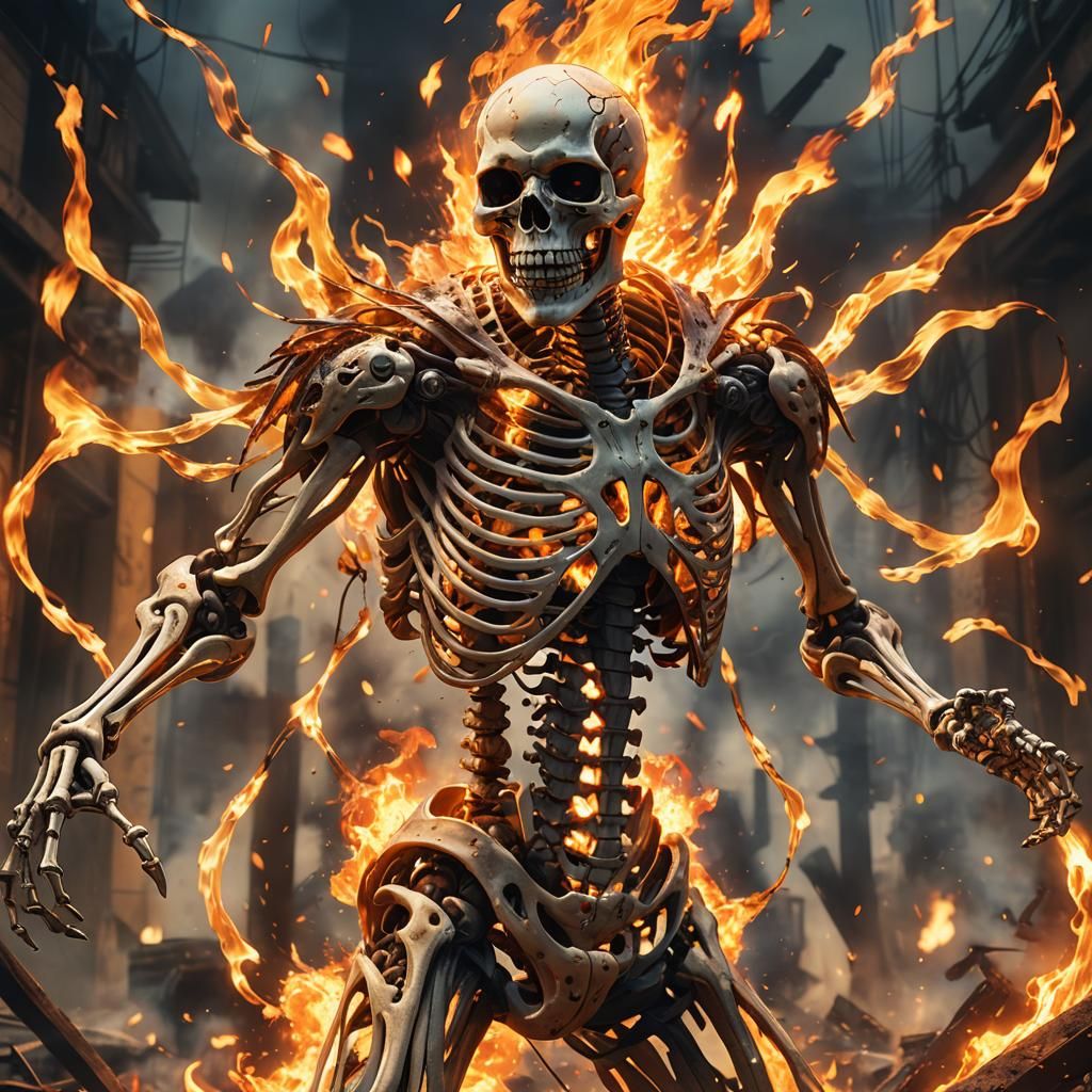Fiery Skeleton Attack in Vibrant 3D Anime Style