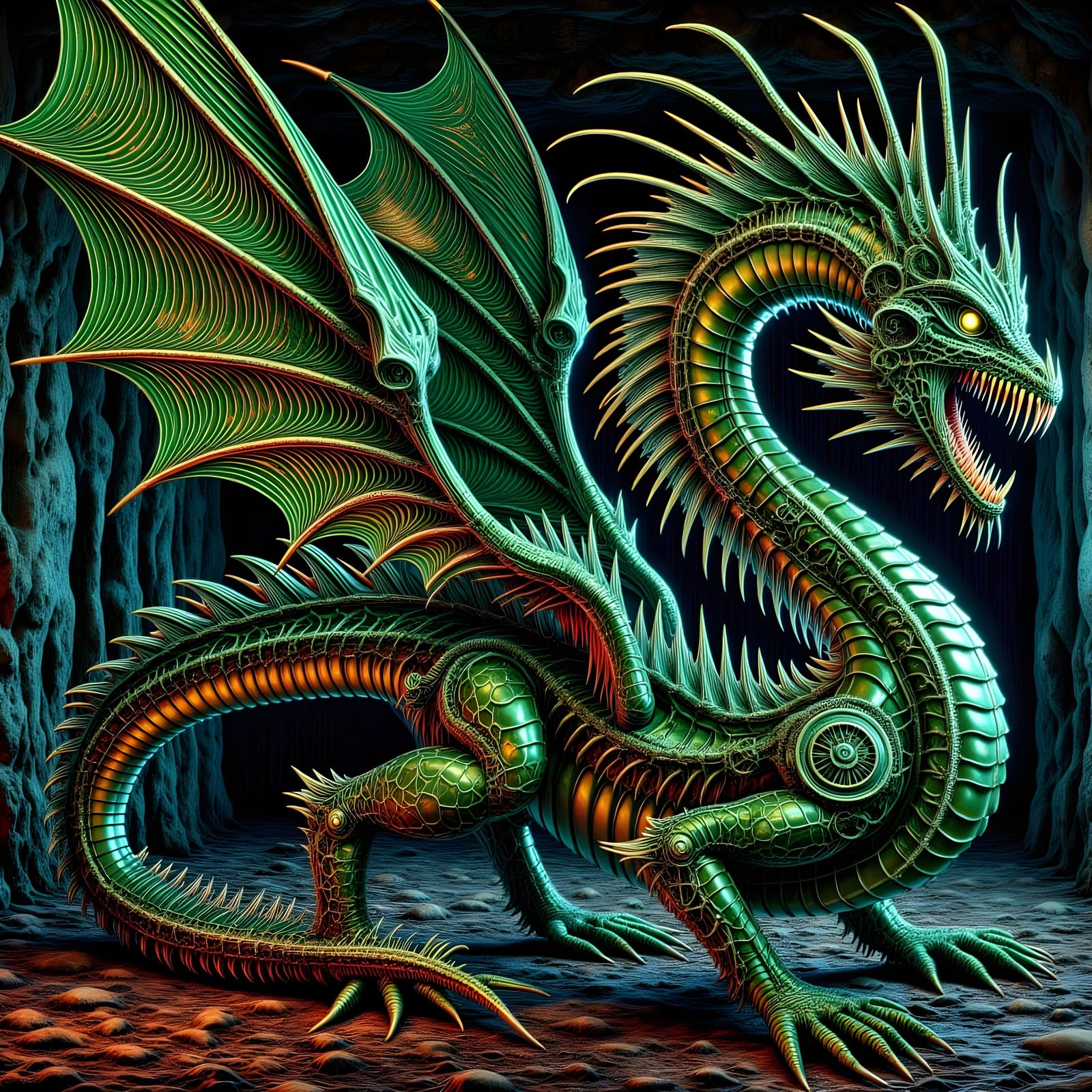 Green Chrome Dragon-Snake Hybrid with Neon Orange Highlights