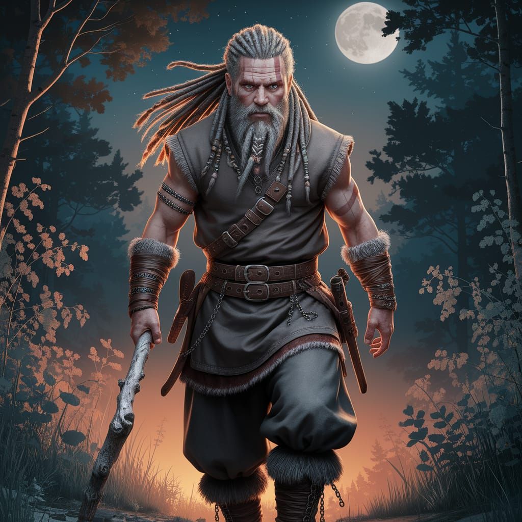 Viking Warrior in Moonlit Forest
