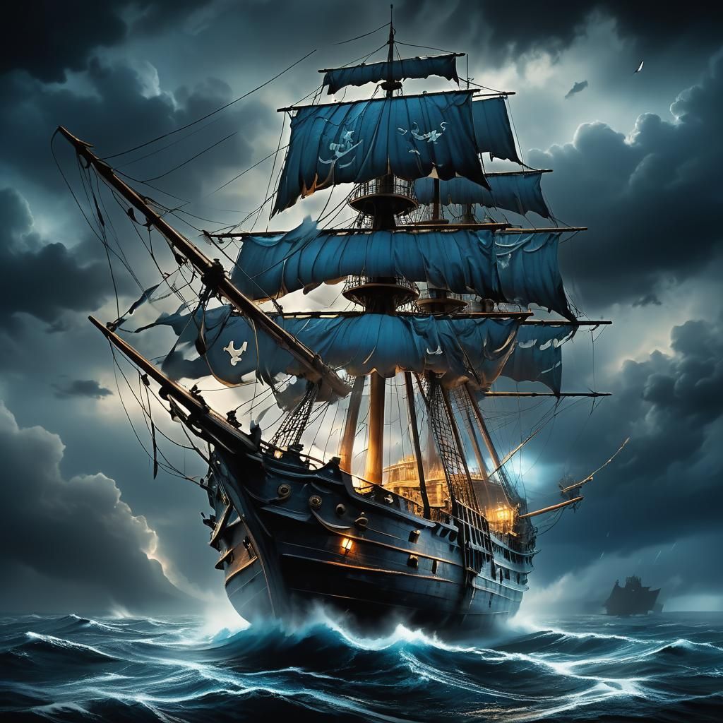 Ghost Ship in Stormy Sky, Manga Style