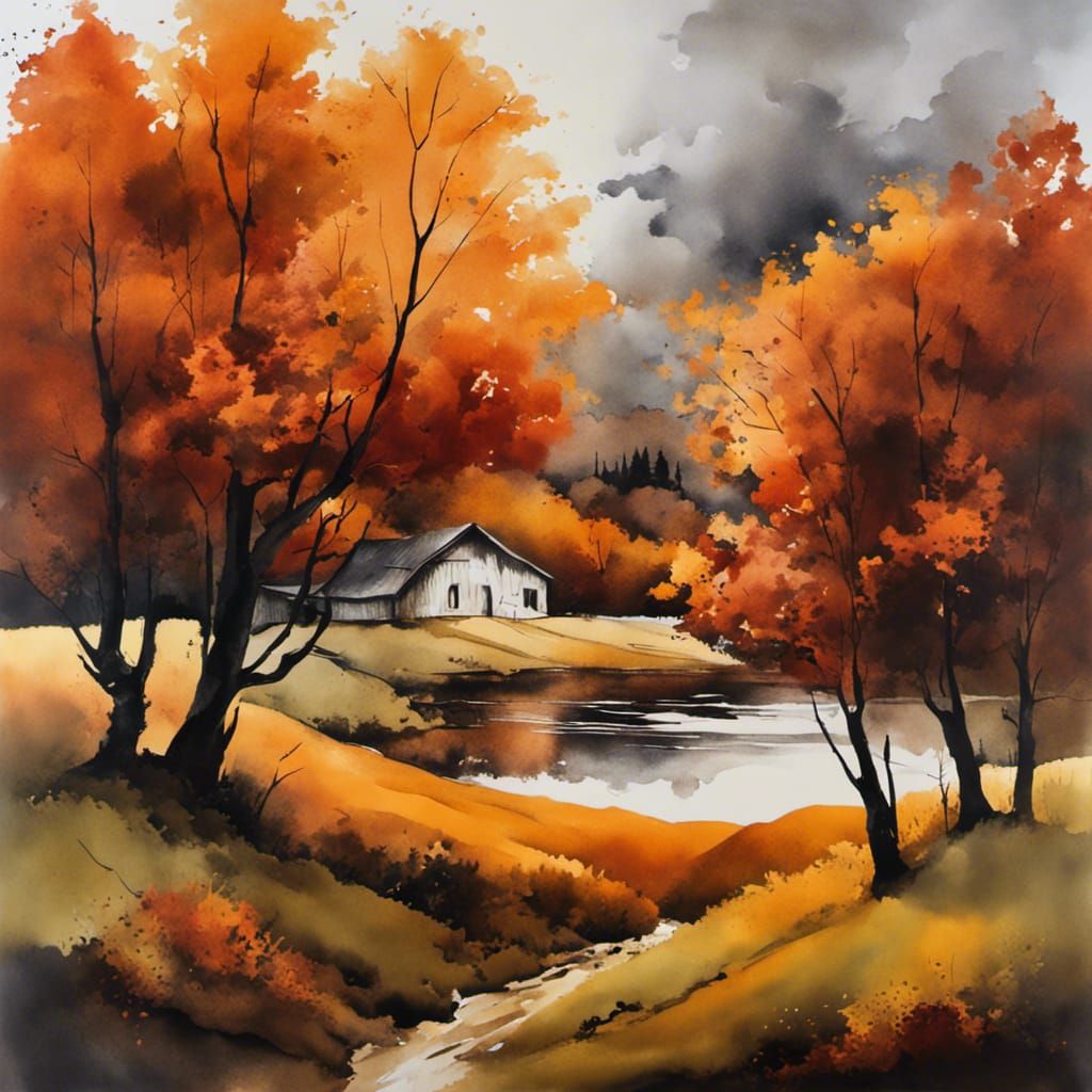 Moody Autumnal Landscape Ink Painting