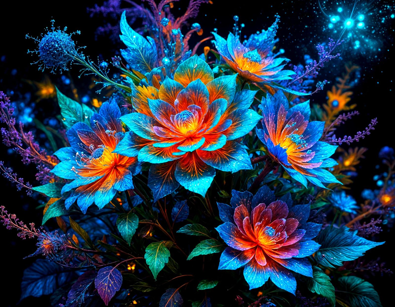 Vibrant Cosmic Flowers in Shimmering Holographic Bloom
