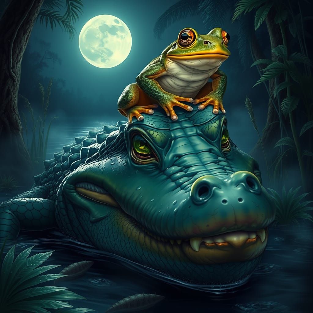 Mystical Bayou Scene with Regal Alligator and Frog