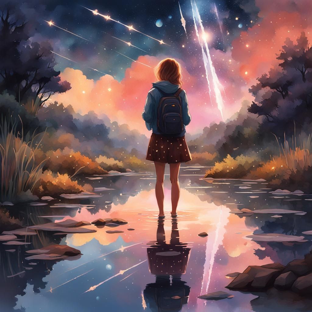 Magical Reflection of Woman in Watercolor Meteor Shower