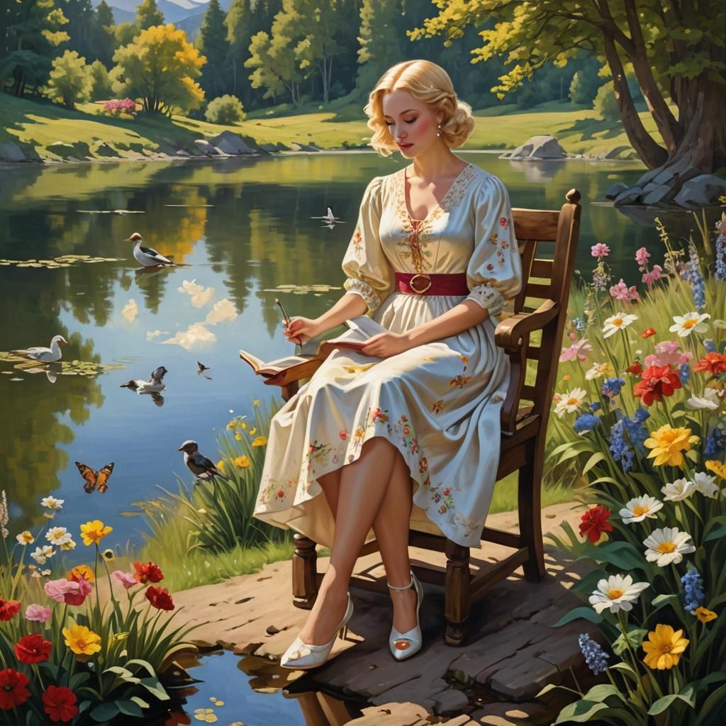 Queen Reading by Lake: Classic Oil Painting