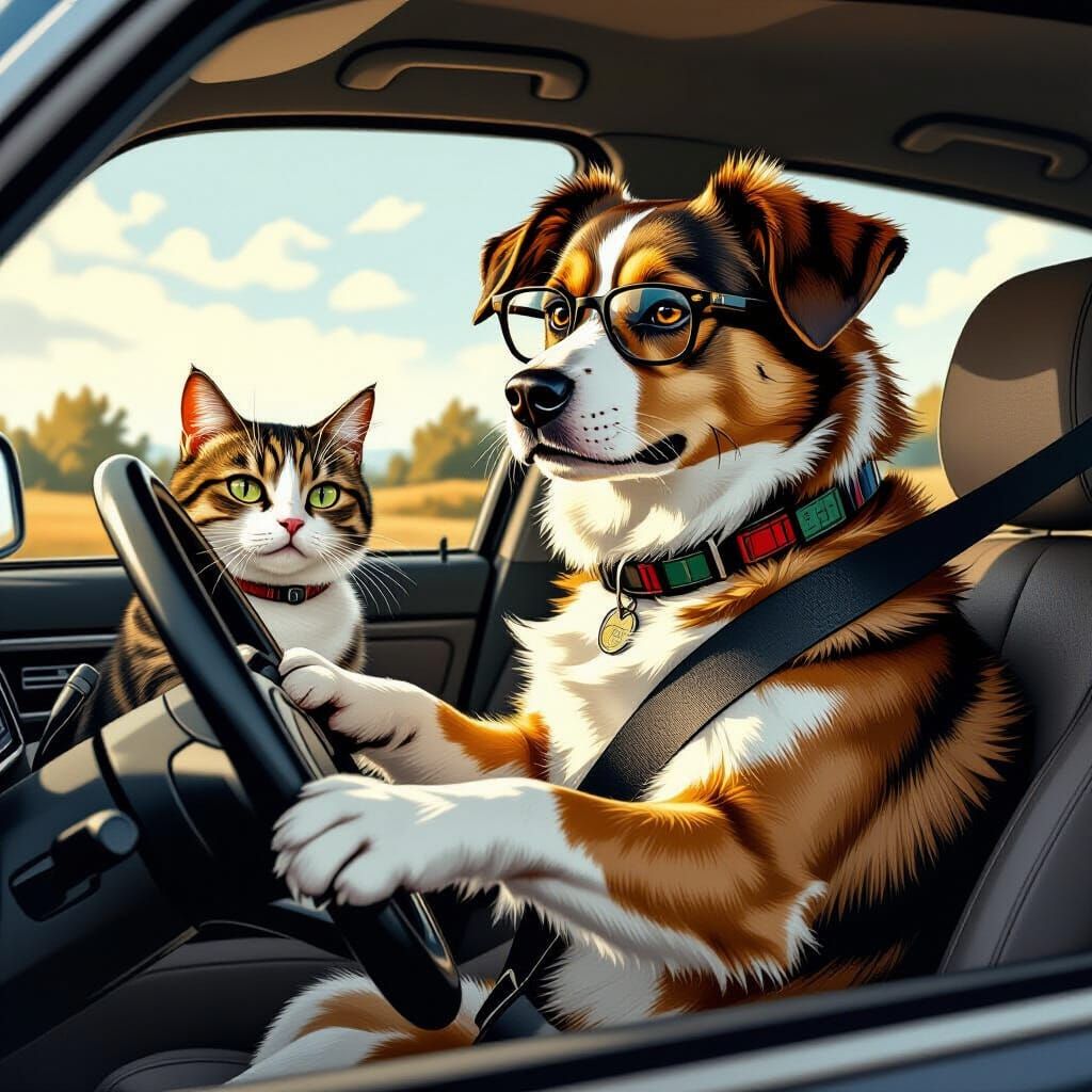 Dog Driving Car with Cat Passenger, Realistic Style