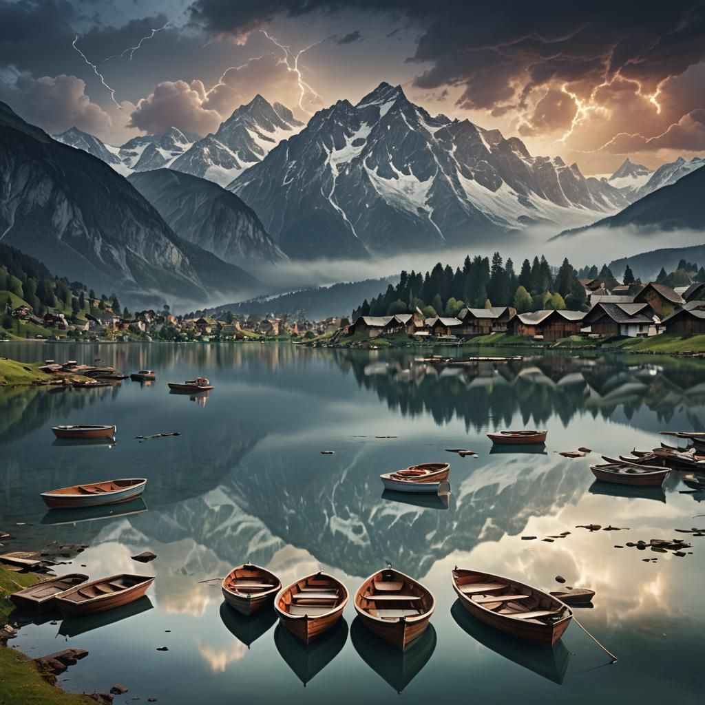 Swiss Lake Double Exposure in Art Deco Style