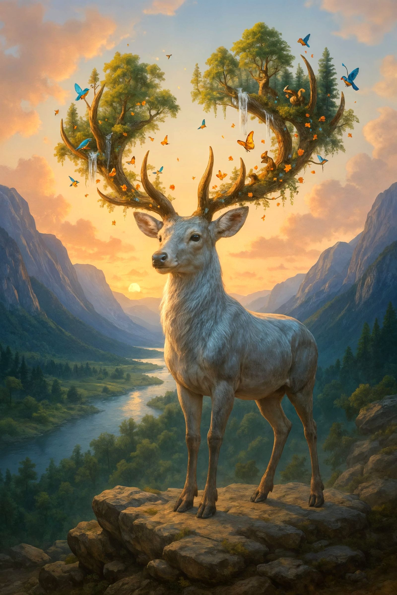 Mystical Deer with Living Antlers, Digital Art