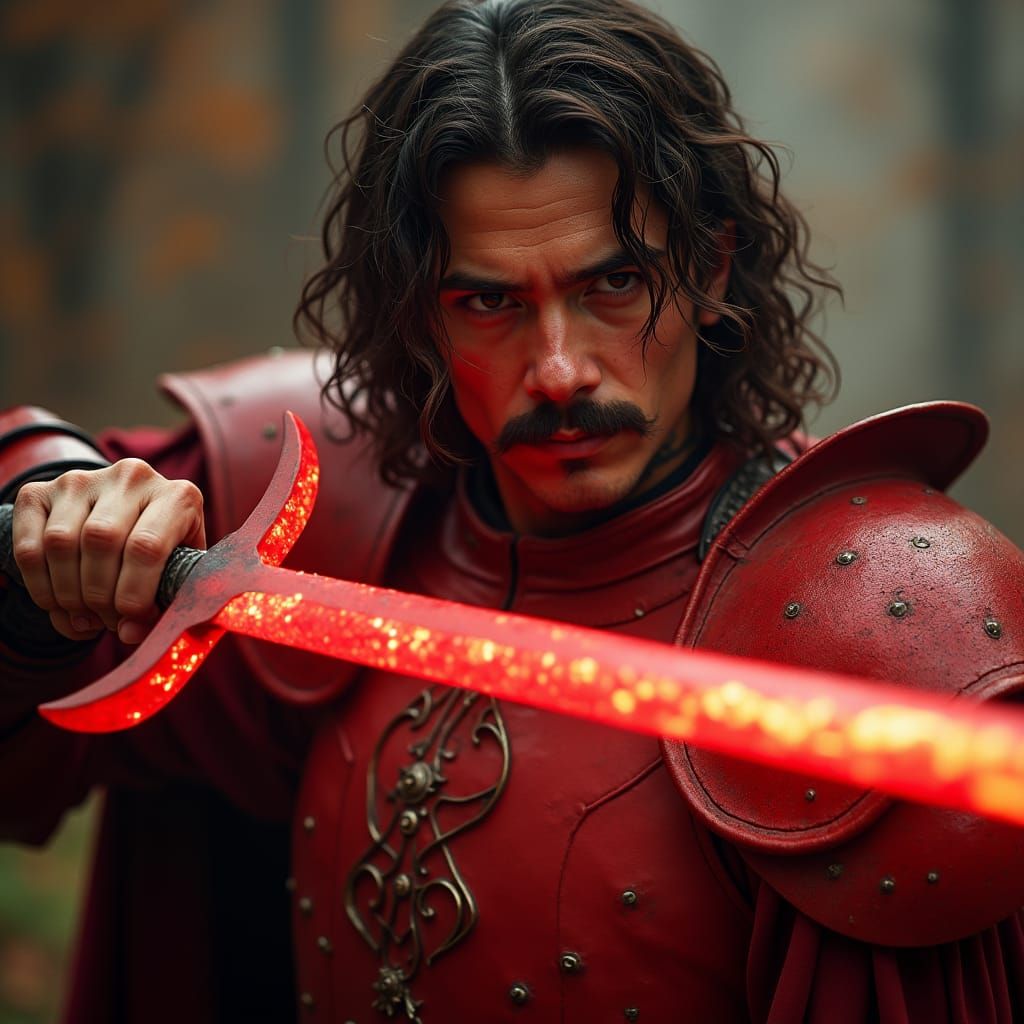 Heroic Knight in Red Armor with Glowing Sword