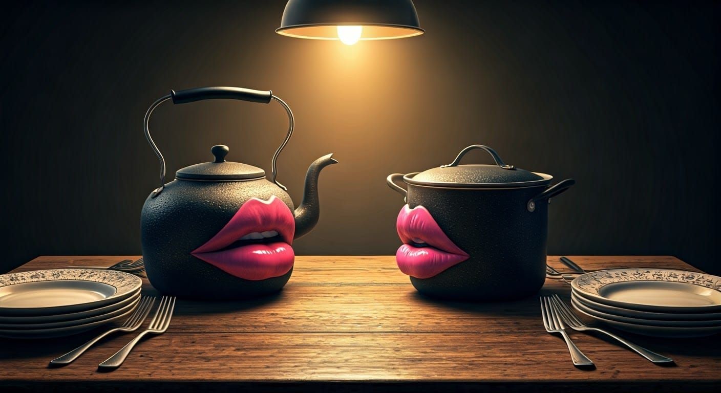 Anthropomorphic Kettle and Pot Arguing, Hyperrealistic Kitch...
