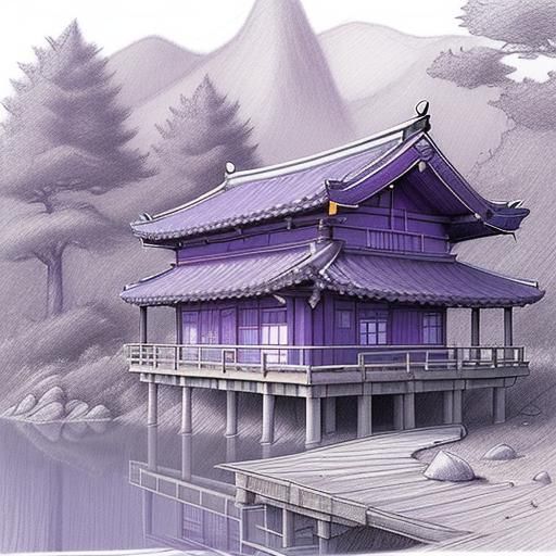 Korean Wizard House in Forest: Purple Pencil Sketch