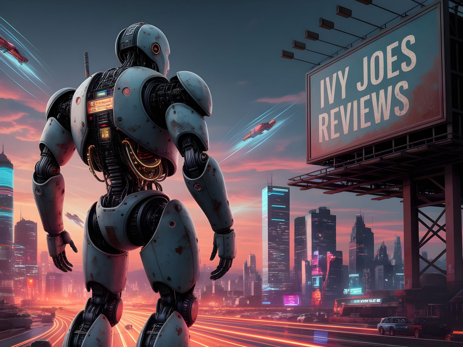 Colossal Robot Guards Retro-Futuristic City at Dusk