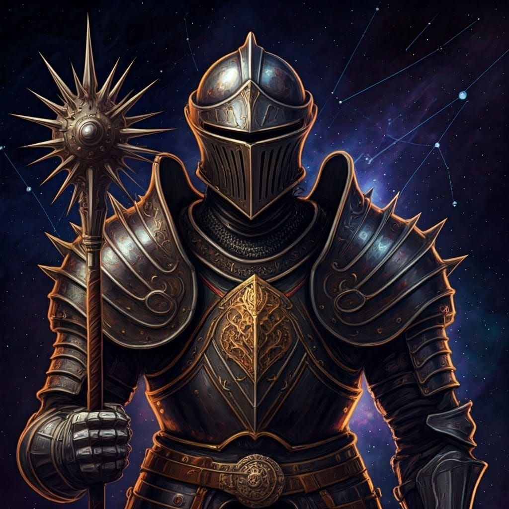 Knight in Obsidian Armor with Constellation Background