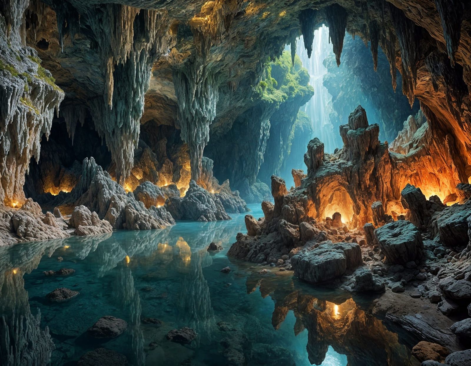 Luminous Cave of Vibrant Green and Red Stalactites