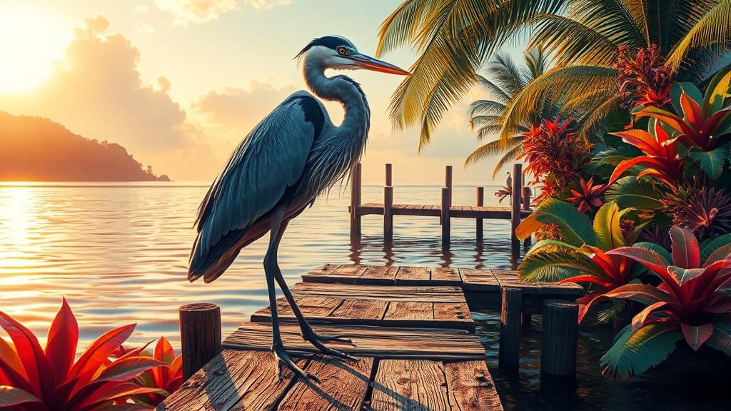 Majestic Heron in Dreamlike Tropical Overture