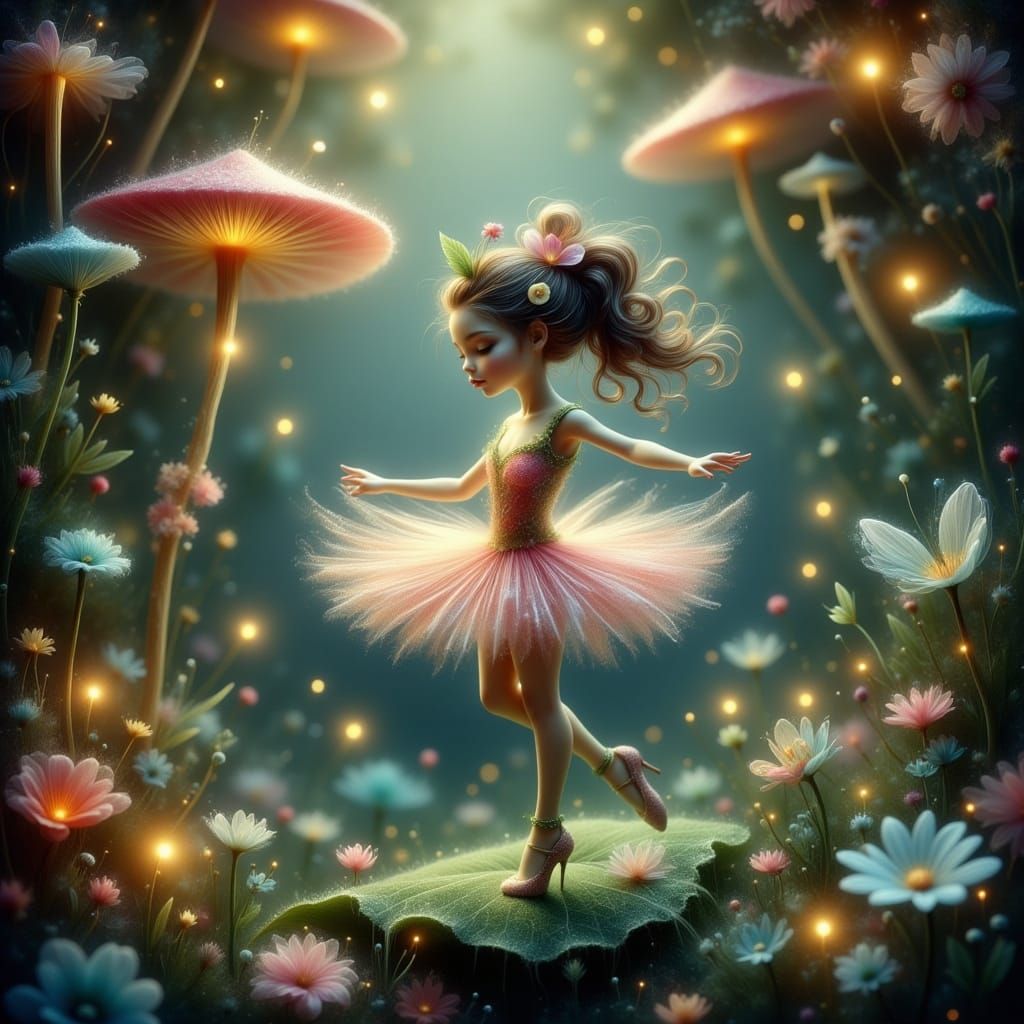 Felt Ballerina Dancing Under Bioluminescent Mushrooms
