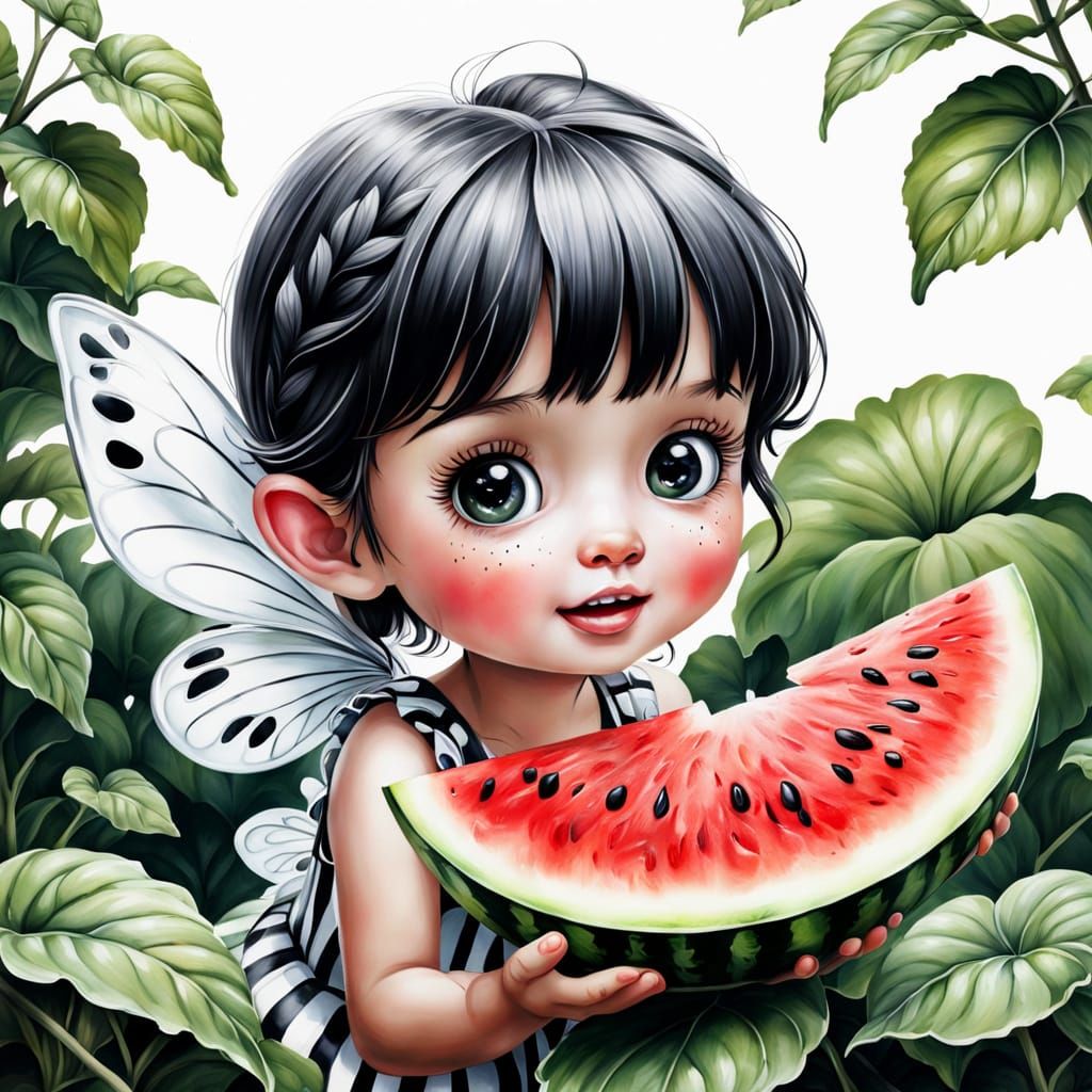 Fairy's Watermelon Feast: An Airbrushed Oil Painting